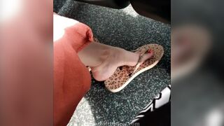 MILF on the move wearing leopard print flip flops public shoe dangling - porn video