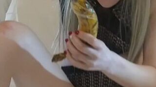 Horny blonde inserts her banana while her stepfather watches her - porn video